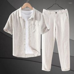 Men's Tracksuits Linen Short Sleeved Suit 2 Suits Long Thin Shirt High Waisted Pants