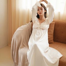 Women's Sleepwear Autumn Silk Night Dress Solid Lace Patchwork Ladies Satin Nightgown Long Sleeve French Style Sexy Home Clothes Female