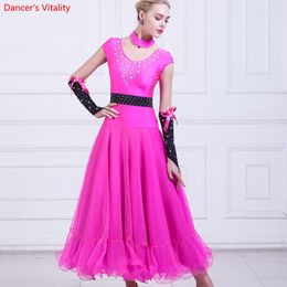 Stage Wear Black /Rose Rhinestones Belly Dance Dress Competition Standard Modern Costume Salon Waltz Costumes 3pcs