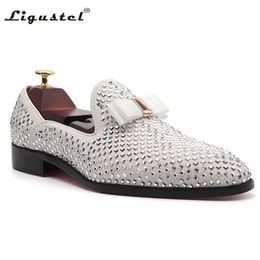 Dress Shoes Ligustel For Men Luxury Loafers Casual Prom Wedding Party Slip on Man Silver Leather Genuine Plus Size 13 231007