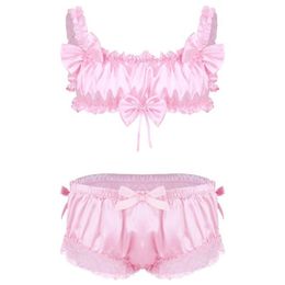Bras Sets Men Sissy Crossdressing Erotic Lingerie Set Satin Frilly Wire- Bra Tops With Floral Lace Hem Bowknot Briefs Underwea211I