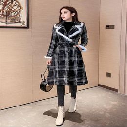 New design women's thickening warm plaid turn down collar Woollen sashes medium long coat abrigos SML261g