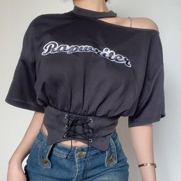 Women's T Shirts Spicy Girls Letter Print Off Shoulder Waist Short Top Women Loose And Slim Casual Versatile Sleeve T-shirt Clothing