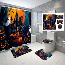 Shower Curtains 4 Pcs Halloween Shower Curtain Sets with Toilet Lid Cover and Bath Mat Night Pumpkin Lantern Waterproof Bathroom Decor Sets 231007