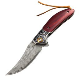 H1086 Flipper Folding Knife Damascus Steel Trailing Point Blade Rosewood Handle Outdoor EDC Pocket Folder Knives with Leather Sheath