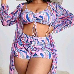 Women's Swimwear Summer Printed 3 Three Piece Bikinis Set Fashion Holiday Beachwear Swimsuits Long Sleeve Cover Ups Women Bathing Suit