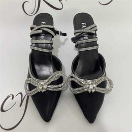 Hip Sandals Rimocy Shining Crystal Bowknot Pointed Toe Pumps Women Sexy Stiletto High Heels Wedding Shoes Woman Ankle Strap Summer Sandals 230417