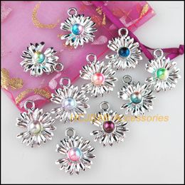 Charms 30 Daisy Colored Acrylic Dull Silver Plated Flower Pendants 20.5x24mm