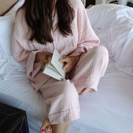 Spring Autumn Ladies Cotton Pyjamas Set Women Solid Colour Pink Long Sleeve Top And Trousers Comfortable Loose Lingerie Suit 201113253z