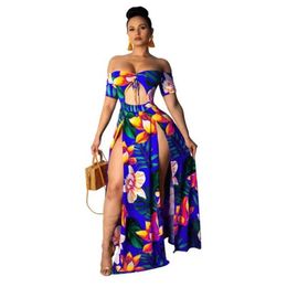 Printed Summer Beach Maxi Dress Strapless Off Shoulder Sexy High Slit Sundress Womens Robe Hollow Out Long Dresses213n