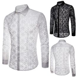 Men Sexy Long Sleeve Solid Colour Lace See Through Clubwear Buttons Down Shirt Men's Casual Shirts226M