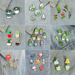 Brooches 1-8Pcs/Set Cartoon Green Plant Potted Enamel Pin Cactus Succulent Aloe Vera Cherry Blossom Brooch Badge Ladies Kids Jewelry Gift