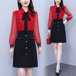 Casual Dresses Office Lady Women Chiffon Bow Patchwork Dress For Spring Autumn 2023 Fashion Long Sleeve Oversize Female A-Line Slim