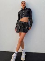 Work Dresses Black Denim Two Piece Sets For Women Long Sleeve Short Jacket Tops High Waist Pocket Skirt Set Streetwear Female