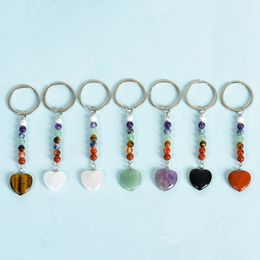 Natural Stone Keychain 7 Colors Chakra Beads Heart shape Key Holder Mineral Key Ring Jewelry Bulk