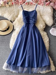 Casual Dresses Spaghetti Strap Women Solid Summer Dress Sleeveless Sexy Mesh Party Evening Robe Female Chic Prom Vestidos Clothings