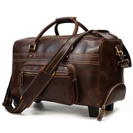 Duffel Bags Men s leather trolley case retro cowhide travel bag large capacity luggage business handbag messenger 231007