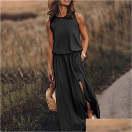 Basic & Casual Dresses Casual Dresses Sujying Summer Womens Round Neck Sleeveless Dress With Split Mticolor Solid Color Apparel Women' Ot9Zc