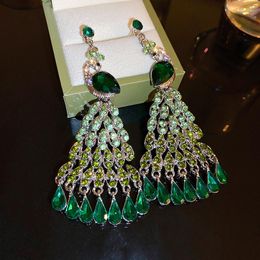 Висячие серьги FYUAN, роскошные женские длинные серьги со стразами в виде павлина, длинные зеленые кристаллы для женщин, свадебные украшения для невесты
