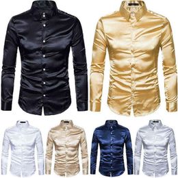 Stylish White Silk Satin Shirt Men Chemise Homme 2019 Casual Long Sleeve Slim Fit Mens Dress Shirts Business Wedding Male Shirt Y1312r