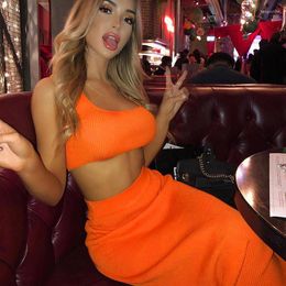 Work Dresses 2023 Skinny Club Party Fitness Elastic Outfits Women One Shoulder Sleeveless Short Crop Top Sexy Hollow Out Skirt Matching Set