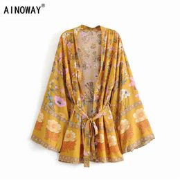 Vintage chic women floral print sashes bat sleeve rayon beach Bohemian kimono dress Ladies V neck Summer Boho bikini cover-up G121250u