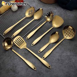 8Pcs Cooking Tool Sets Non-stick Gold Titanium Stainless Steel Kitchen Tools Utensil Set Spoon Spatula Cooking Serving Tool 210326286w