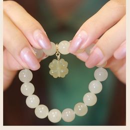 Link Bracelets 10mm Hetian Jade Bracelet Lock Of Good Wishes Lily Four-Leaf Clover Small Pendant