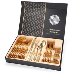 Dinnerware Sets 24pcs/Set Gold Set Stainless Steel Tableware Knife Fork Spoon Luxury Cutlery Gift Box For Kitchen Christmas