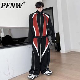 Men's Tracksuits PFNW Stitching Color Cardigan Autumn Stand Collar Coat Korean Fashion Male Sport Sets Wide Leg Trousers 28W1265