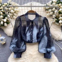 Women's Blouses Vintage Shirts For Women Long Puff Sleeve Lapel Single Turn-down Collar Tie Dye Blouse Autumn Versatile Female Tops Drop