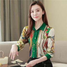Luxury Designer Lapel Graphic Blouses Long Sleeve Women Silk Satin Shirt Office Lady Classic Button Up Shirt Plus Size Autumn Winter Elegant Runway Shirts Chic Tops