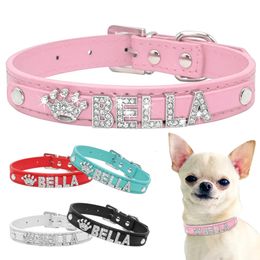 Dog Collars Leashes Bling Rhinestone Puppy Personalised Small Dogs Chihuahua Collar Custom Necklace Free Name Charms Pet Accessories 231009