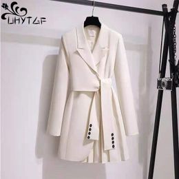 Women's Trench Coats UHYTGF Spring Autumn Blazers Jacket Women 2023 Fashion Lapel Belt Windbreaker Dress Female Temperament Ladies Big Size