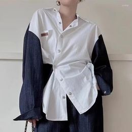 Women's Blouses High Street Korean Chic Autumn Spring Denim Patchwork White Shirt Vintage Women Lapel Metal Buttons Hit Color Loose Blouse