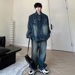 Men's Tracksuits SYUHGFA Vintage Male Baggy Jeans Sets Autumn Ribbon Splice Wash Denim Jacket Two Piece Wide Leg Jean Pants Loose Clothes