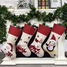 Linen Christmas Ornaments Stockings Socks with Santa Claus Christmas Lovely Bag For Children Candy Gift Bag Fireplace Xmas Tree Decoration SN5289