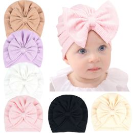 Nishine Autumn Winter Warm Bow Knot Hat Newborn Beanie Kids Toddler Infant Turban Caps Stripe Hair Accessories Photo Props Gifts