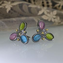 Stud Earrings Delicate Three Tone Moonstone Mixed Colourful Jewellery Black Metal Pink Blue Flower Wedding Gift