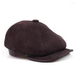 Berets Sboy Cap Men Fashion 2023 Brown Genuine Leather Octagonal Hat Cowskin Autumn Winter British Style Mens Beret