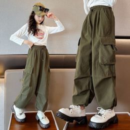 Trousers Teenager Girls Cargo Pants Children s Wide leg Casual Sweatpants Fashionable Loose Korean 5 8 10 12 14 Years Old 231007
