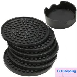 Top 4.3inch 6pcs/set Black Round Silicone Drink Coasters Cup Mat Cup Costers Tableware with holder 60pcs
