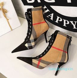 Plaid Patchwork Flock Leather Boots Women Fashion High Heels Ankle Pumps Pointed Toe LaceUp Casual Ladies Short