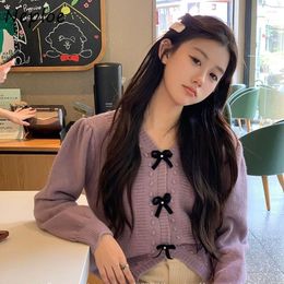 Women's Sweaters Neploe E-Girl Sweet 3d Bow Button Pullovers Autumn Slim Fit Velvet Mujer Y2k Long Sleeve Knitted Tops Women