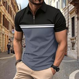 Men's Polos 2024 Summer Casual Stripe Contrast Color Business Office Short Sleeve Polo Shirt 3D Printing Zipper Fashion T-sh