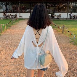 Women's T Shirts Long Sleeve T-shirts Women Backless Pure Chic Loose Ulzzang Elegant Sexy Basic Sun-proof All-match Summer Beach Casual