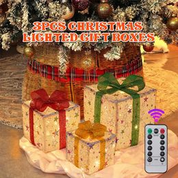 Christmas Decorations 3PCS/Set Christmas Light Up Present Boxes With Bows And LED Present Box Case Ornaments Xmas Tree Decor Home Theme Party Supplies 231010