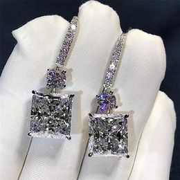 Victoria Luxury Jewelry 925 Sterling Silver Princess Cut White Topaz Platinum Plated CZ Diamond Dangle Earring Women Bridal Hook E247R