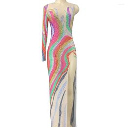 Stage Wear Sexy Colorful Women Dress One-Shoulder Sparkle Crystal Rhinestones Shining Evening Party Birthday Club Clothing Costume