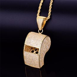 Gold Plated Iced Out Bling CZ Whistle Pendant Necklace with 24inch Rope Chain for Men Women Nice Gift300a